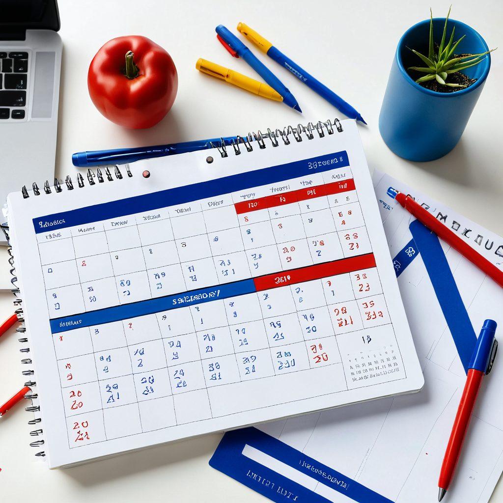A detailed calendar laid open on a desk, with important dates highlighted in red and blue. Surrounding the calendar are educational tools like textbooks, a laptop, and pens, with an analog clock showing time passing. The image should evoke a sense of planning and organization. super-realistic. vibrant colors. clear and crisp. white background.