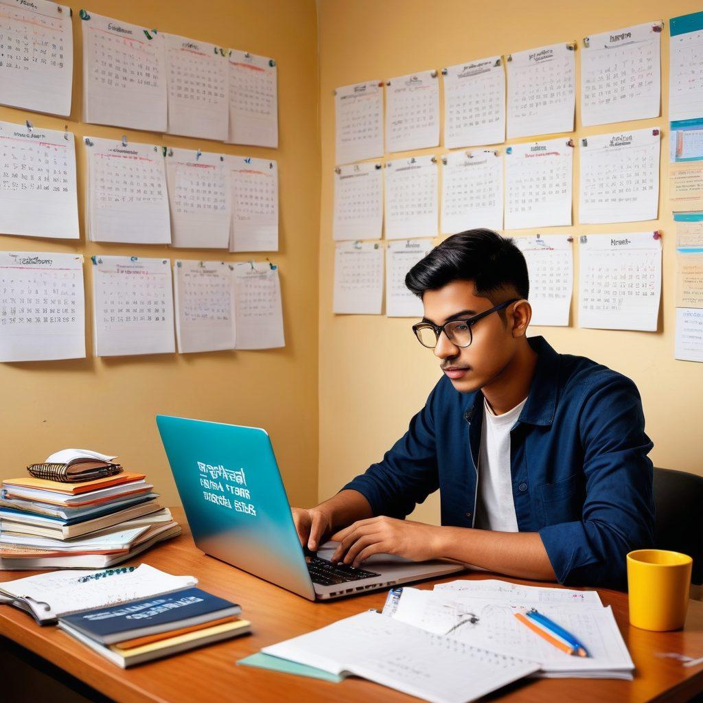 A determined student in a neatly organized study space, surrounded by textbooks, notes, a calendar marked with study schedules, and inspirational quotes on the walls. A laptop showing a mock test website and a cup of coffee beside their notes. The backdrop includes subtle references to West Bengal landmarks and cultural icons. Vibrant colors. Isometric view. 