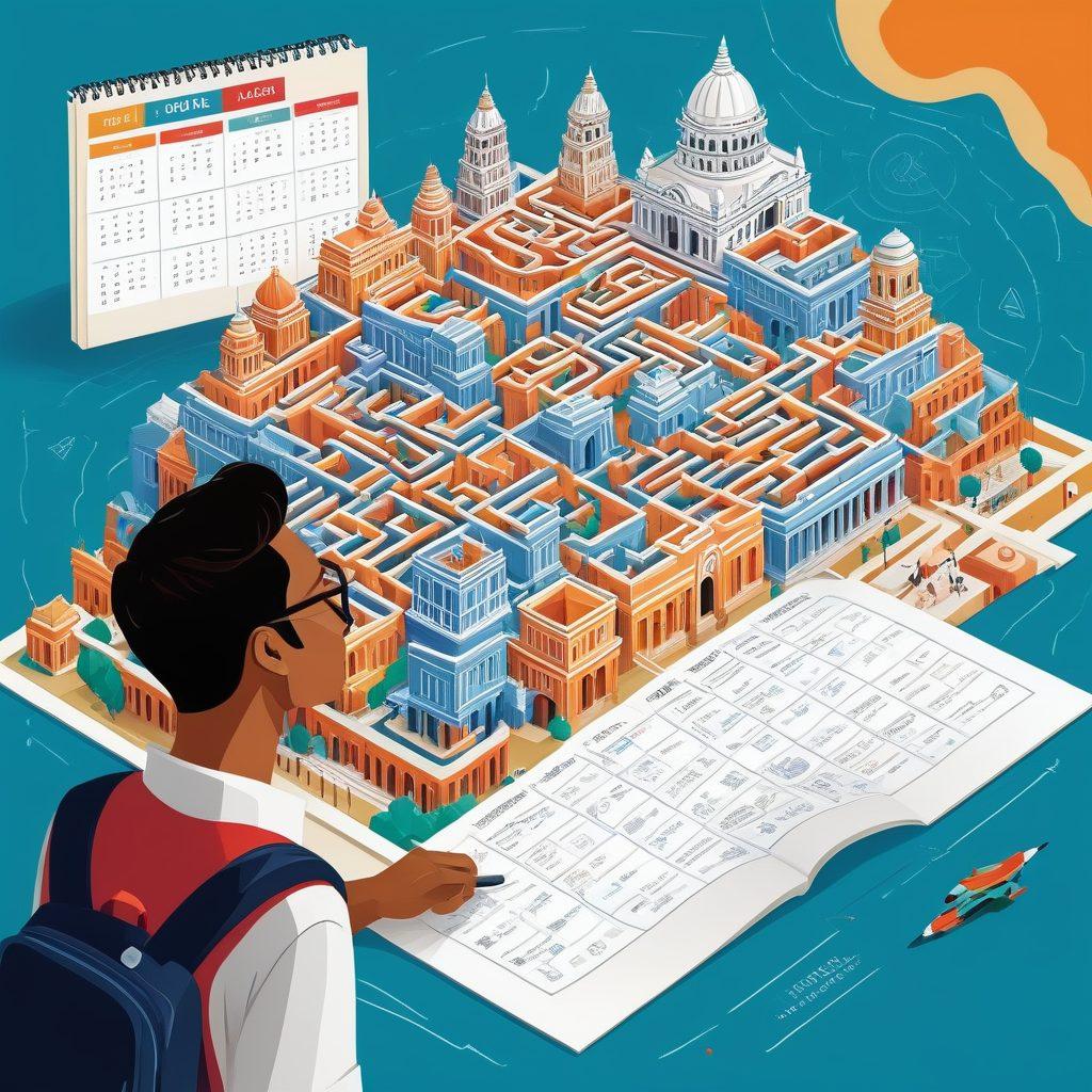 A whimsical illustration of a student navigating through a colorful, maze-like roadmap. The roadmap features key landmarks like a syllabus book, exam tips, and a calendar with key dates marked. In the background, depict iconic West Bengal architecture and cultural elements. vector art. vibrant colors.